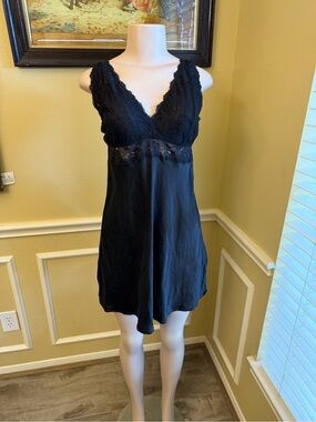 Lace-Trim Black Satin Chemise with V-Neck